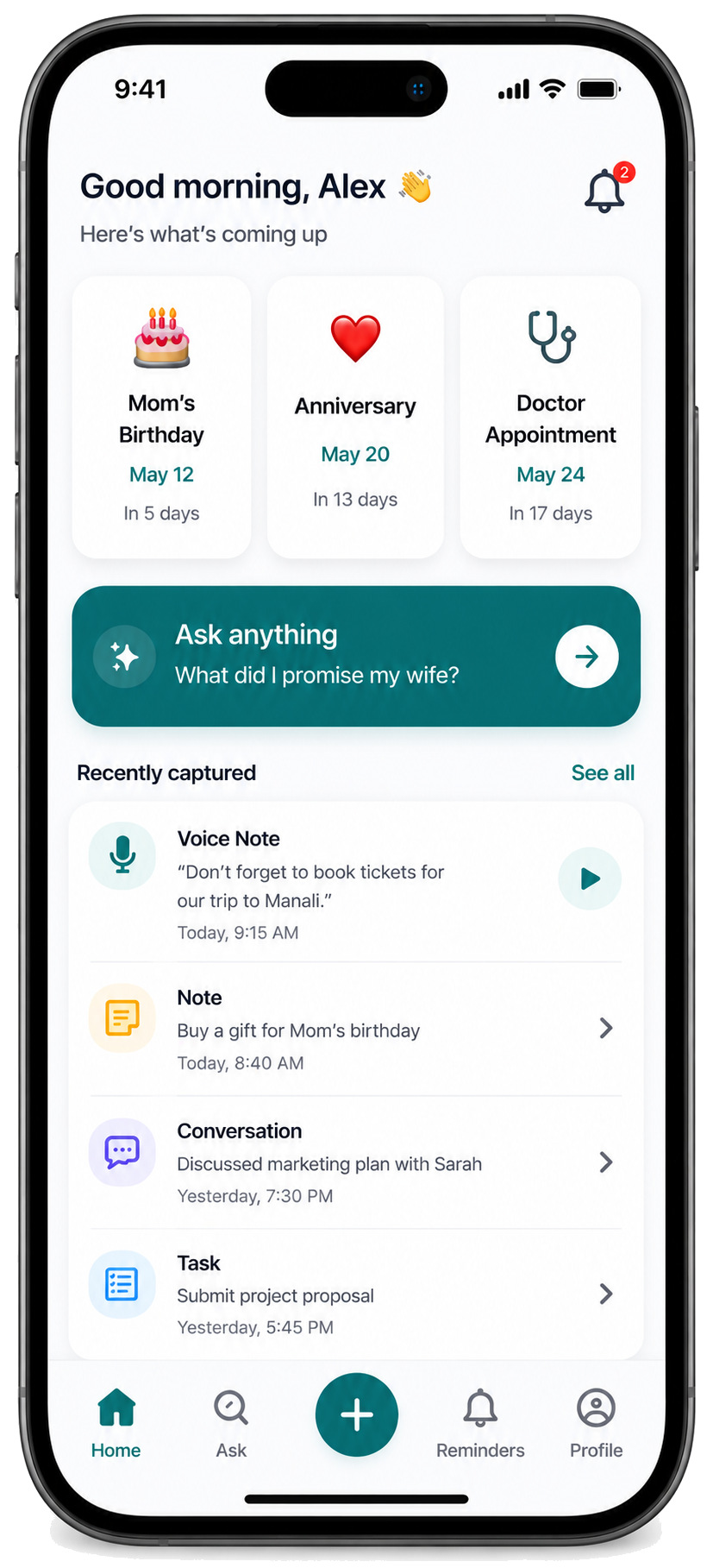 Evooke mobile app showing upcoming reminders and recently captured memories